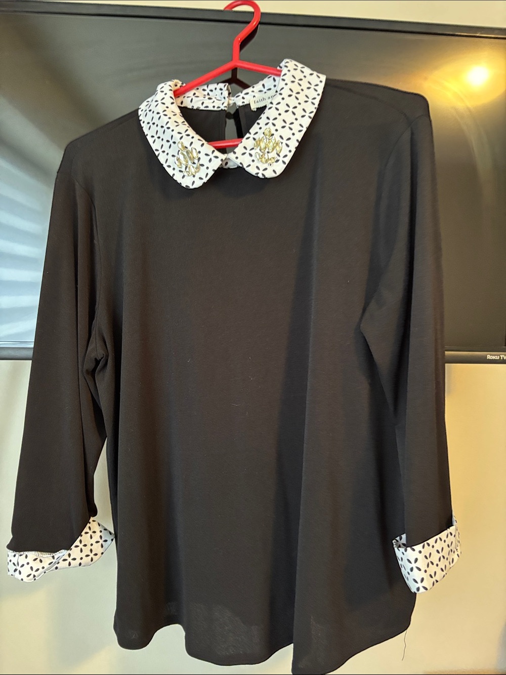 Faith and Joy Black Long-Sleeve Top with White Patterned Peter Pan Collar
